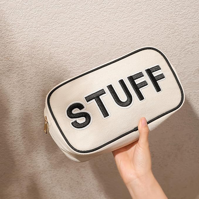 uekeboag Canvas Chenille Letter Stuff Makeup Bag,Small Travel Washable Organizer Bag for Purse with Zipper, Cute Personalized Preppy Cosmetic Bag For Women and Girls(01Black-Stuff)