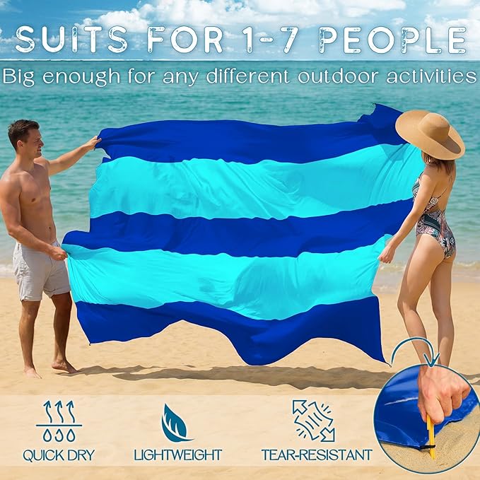 BYDOLL Beach Blanket Waterproof Sandproof Large Sand Free, 78''X110'' Oversized Sandless Lightweight Blanket Picnic Mat for Beach Travel Camping Hiking with Stakes