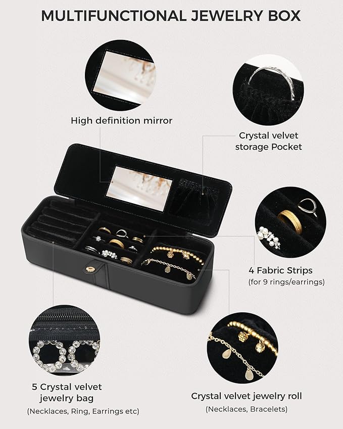 Travel Jewelry Organizer Box – Leather Jewelry Case Gift for Women and Girls – Jewelry Organizer and Storage with 5 Anti-Tarnish Velvet Pouches & Mirror – Portable for Trips and Daily Use