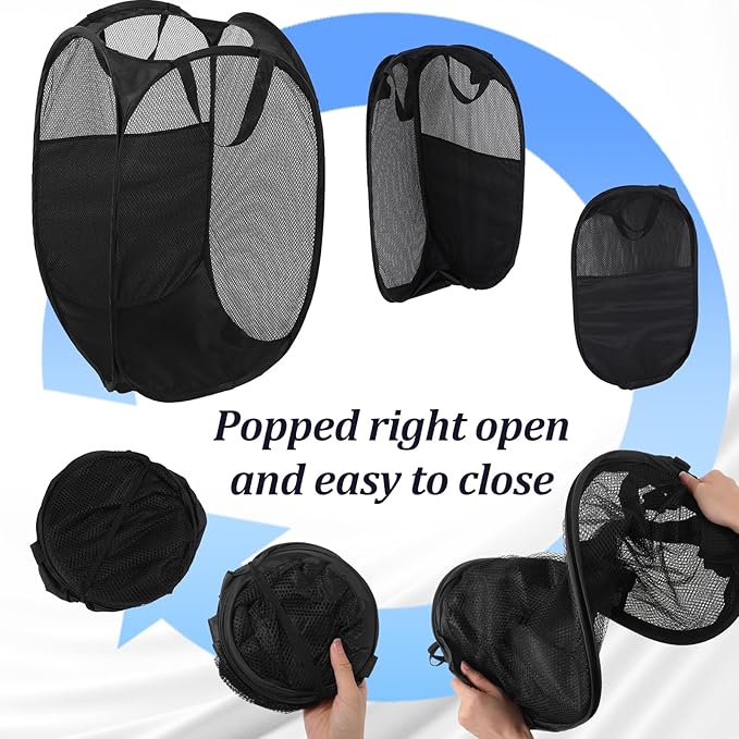 6Pcs Pop up Hampers for Laundry Foldable Mesh Laundry Hamper Baskets with Sturdy Handles Pop up Hamper Dirty Clothes Baskets for Bedroom College Dorm Travel Storage (Black/White/Blue)