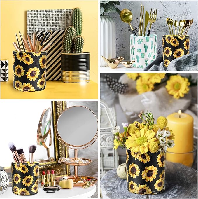 WAVEYU Pen Holder, Pencil Cup Desk for Women Girls, Luxury Makeup Brush Holder Large Pu Leather Multi-Functional Organizer Cup for Office, Classroom, Home, Sunflower