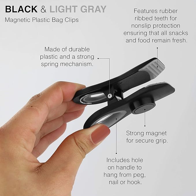 COOK WITH COLOR Bag Clips with Magnet - Food, Chip, and Bag Clips for Food Storage with Airtight Seal Grip for Bread Bags, Snack Bags, and Food Bags (Black, Pack of 20)