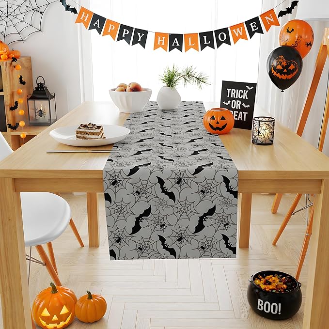 Halloween Decorations - Bats Spider Web Table Runner | Halloween Party Favors for Indoor Outdoor - Halloween Decor Supplies Backdrop Tablecloth for Home Office Kitchen