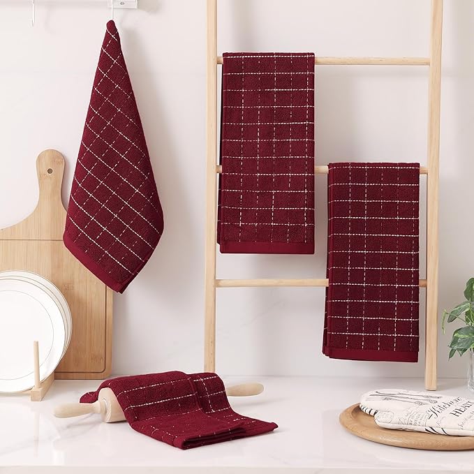 Homaxy 100% Cotton Terry Kitchen Towels(Burgundy Red, 13 x 28 inches), Checkered Designed, Soft and Super Absorbent Dish Towels, 12 Pack