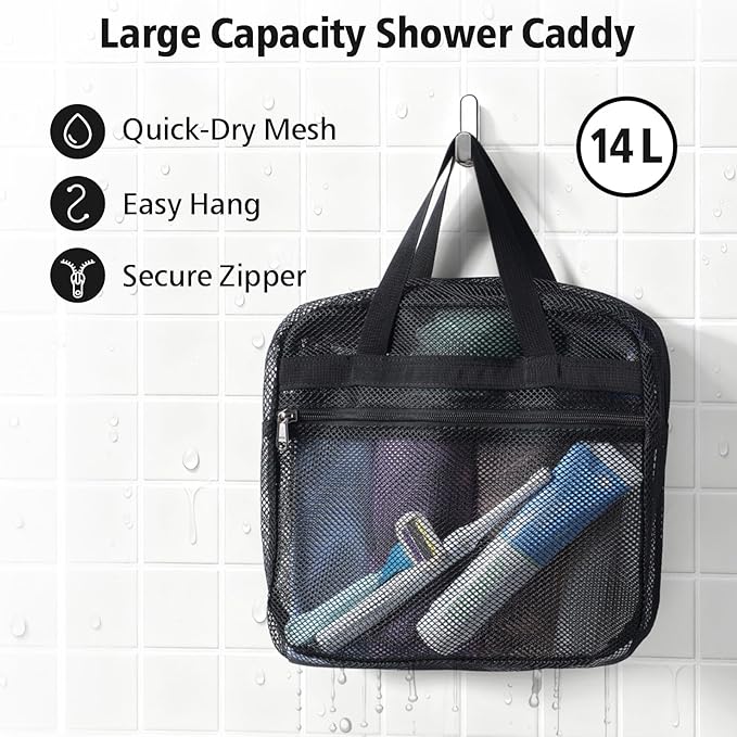 F-color Mesh Shower Caddy Portable with Zipper - Dorm Room Essentials for Guys and Girls with S Hook, Shower Bag Basket Tote for College, Camping, Toiletry, Bathroom, Black