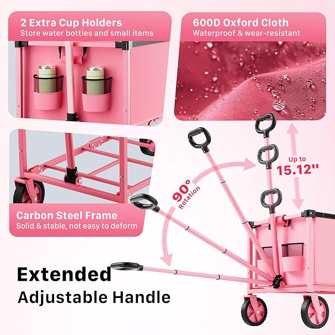 Collapsible Wagon Cart with Wheels, 150L Lightweight Foldable Utility Cart, Portable Rolling Wagon for Garden, Shopping, Sports, Camping, Transport, Pink