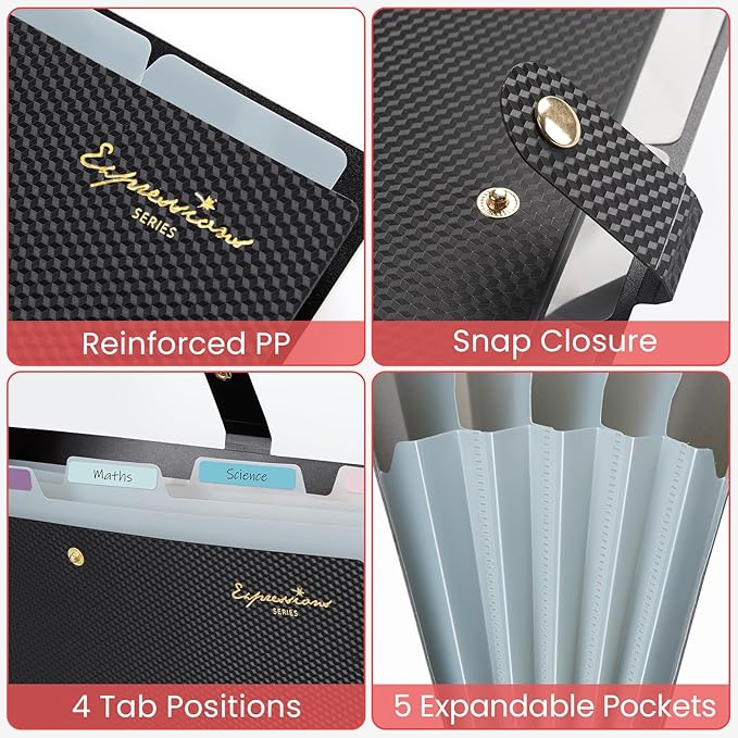 Sooez Accordion File Organizer, Letter Size Expanding File Folder with Labels, 5 Pocket Folders for Document, Portable Paper Bill Receipt Organizer for Home School Office Supplies, A4 Size, Black