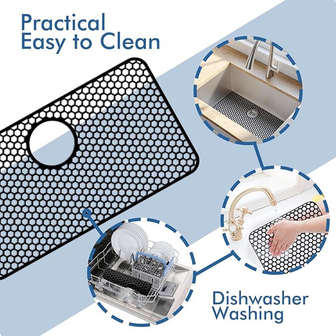 Silicone Sink Protectors for Kitchen Sink with Rear Drain - 26"x 14" Kitchen Protector Accessory, Non-Slip Heat Resistant Grid Mat for Bottom of Farmhouse Stainless Steel (Rear Hole, Black)