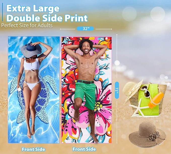 TwoYek 2 Pack Microfiber Thin Beach Towel Lightweight 71x32 Oversized Extra Large Sand Free Towels Quick Dry for Travel Pool Yoga Gym Sports Beach Accessories Vacation Essential Gift