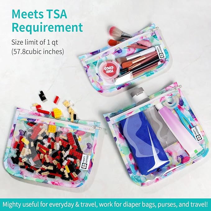 TSA Approved Toiletry Bag, Set of 3 Clear Travel Toiletry Bag Quart Size Zipper Travel Pouch, Waterproof Makeup Cosmetic Bag for Women Men Kids Toiletries Carry on, Watercolor