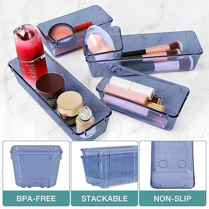 25 PCS Drawer Organizer Set, 5 Varied Size Bathroom and kitchen Drawer cabinet organizer Trays, Clear Storage Bins for Makeup, Jewelry, Utensils and Gadgets, Dark Blue