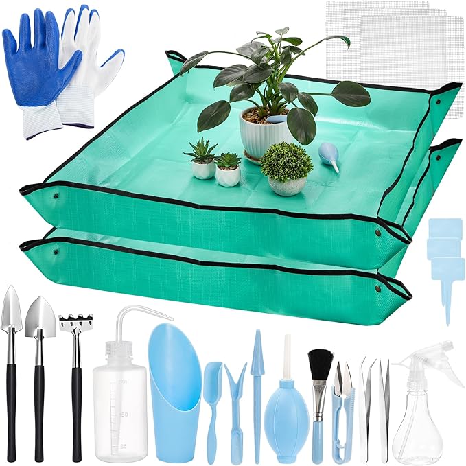TOPZEA 23 Pack Succulent Tool Set, 2 Pack 39.4" Plant Repotting Mat Indoor Transplanting Tool Supplies Miniature Bonsai Hand Tool Kit with Plant Potting Mat, Garden Mini Gardening Tools for Plant Care