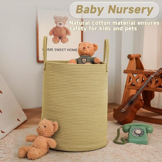 Large Woven Laundry Basket Hamper, 80L Cotton Rope Storage Bin for Blankets, Toys and Clothes, Decorative Tall Nursery Hamper for Living Room, Baby Nursery, Bathroom and Bedroom, Jute