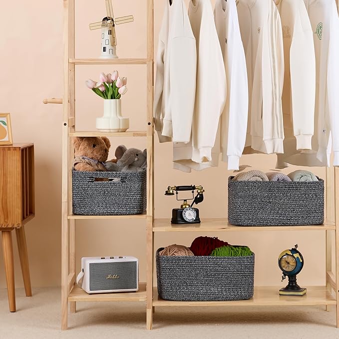 MiniArk Large Storage Baskets for Shelves, Closet Organizers Bins for Clothes Blanket Towels, Baby Nursery, Toy Baskets Box, Woven Rope Baskets, 17 x 13 x 7.5”, 2 Packs Dark Gray