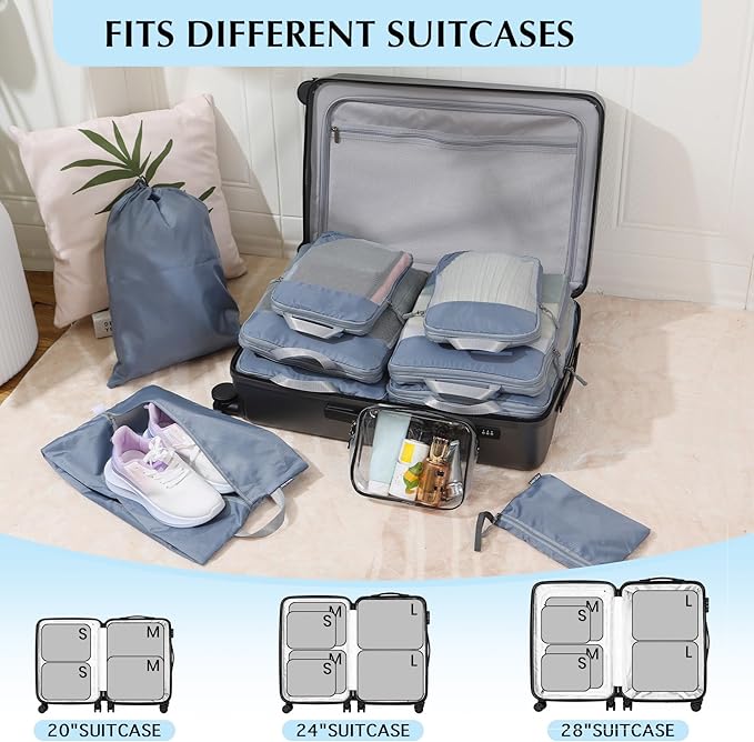 PFEYRPK Lightweight Compression Packing Cubes for Suitcases, Compressible Expandable Travel Packing Organizer with Clear Toiletries and Backpack Bag, Travel Essentials for Carry-on Luggage, 7-Piece Set