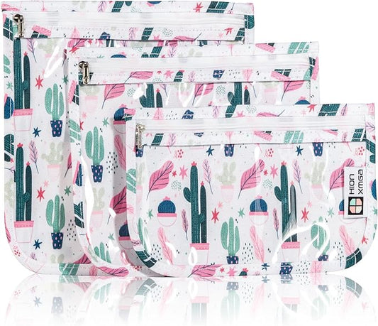TSA Approved Toiletry Bag, Set of 3 Clear Travel Toiletry Bag Quart Size Zipper Travel Pouch, Waterproof Makeup Cosmetic Bag for Women Men Kids Toiletries Carry on, Cacti B