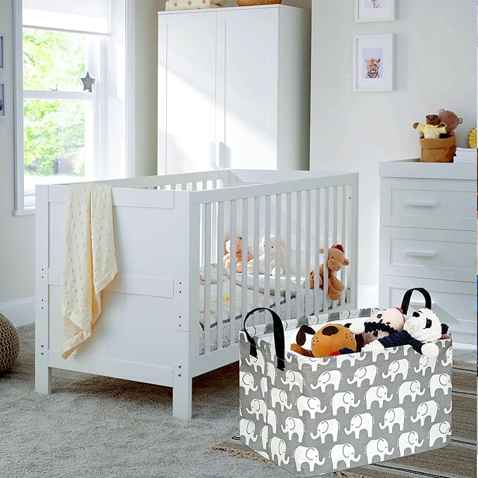 KUNRO Rectang Storage Basket Gift Shelf Basket Storage Bin, Nursery Basket Organizer Box for With Handles for Room Deco (Elephant)