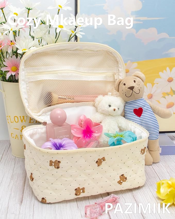 PAZIMIIK 3PCS Makeup Bag SET Large Travel Quilted Zipper Soft Cosmetic Case Pouch for Women Girls Make Up, Gauze Bear