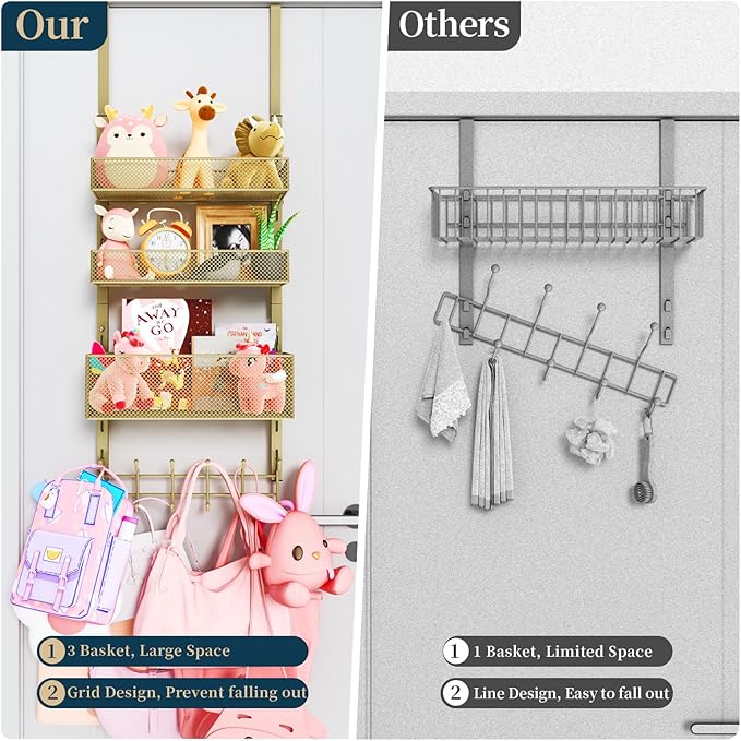 Consumest Over The Door Hooks Organizer - 4 Tier Door Coat Rack with 3 Baskets & 12 Hooks, Stainless Steel Towel Hanger for Bedroom, Bathroom, Living Room, Gold