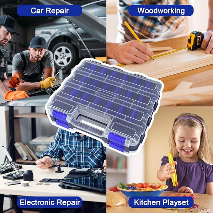 Tools Organizer Box Small Parts Storage Box 50-Compartment Double Side Hardware Organizers with Removable Plastic Dividers for Screws, Nuts, Nails, Bolts, Blue