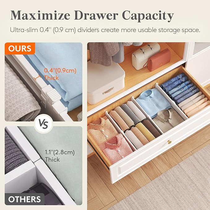 Lifewit 6 Pack 5" High Drawer Dividers for Clothes, 11.5"-18.5" Expandable Dresser Drawer Organizers, Adjustable White Plastic Separators for Kitchen, Cabinet, Nursery, Socks & Underwear Storage
