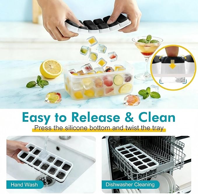 NFK Ice Cube Tray with Lid & Bin - 4 Pack 48 Cubes Stackable Silicone Trays for Freezer with Storage Container, Leak-Proof Lids, BPA-Free, Easy Release for Kitchen, RV, Party, Cocktail & Coffee