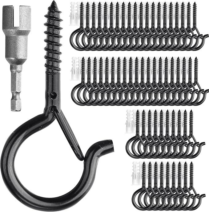 PlusRoc 60 Pack Ceiling Hooks for Hanging Plants Outdoor String Lights Heavy Duty, 2.2 Inch Eye Hook Screw in Cup Hooks Q-Hanger for Patio Lights, Wall Wood Fence Deck Mount(Black)