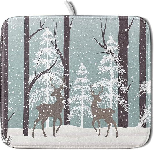 Winter Wildlife Deer Dish Drying Mat for Kitchen Counter,Xmas Landscape Snow Tree Ivory Drying Mat 16 x 18 Inch with High Absorbent Microfiber Drainer Mat for Coffee Bar