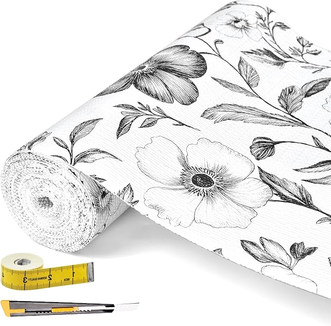 Drawer and Shelf Liner Black Flowers 17in x 20FT, Non Adhesive Anti-Slip Double Layer PVC Reusable Thickened Waterproof Easy Clean for Kitchen Cabinets Refrigerator with Knife Tape Measure