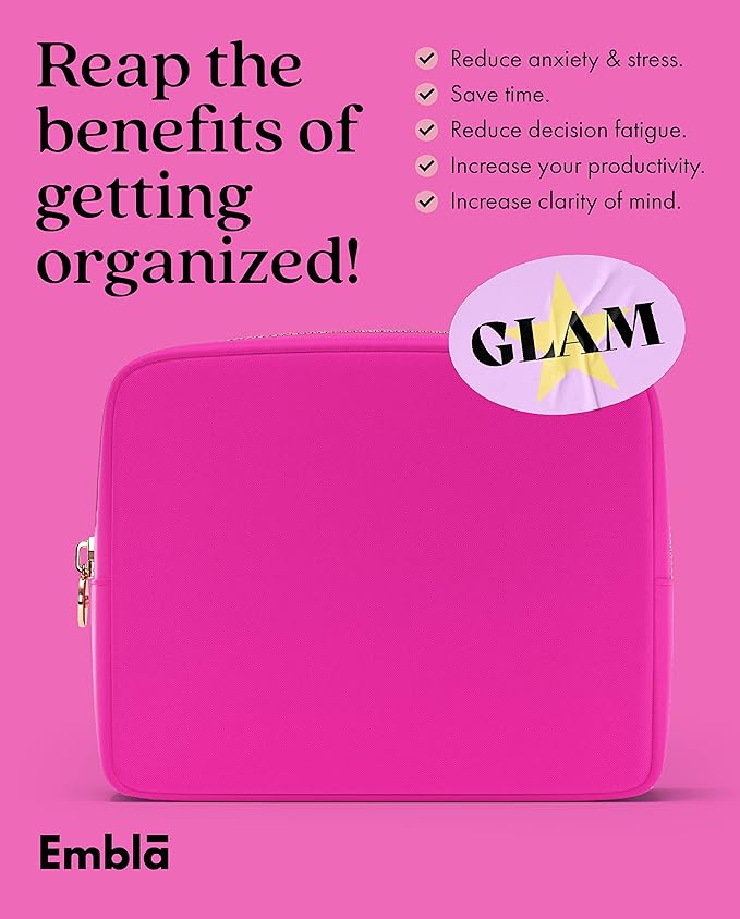 Embla Makeup Bag Travel Cosmetics Pouch and Toiletry Bag, Nylon Zipper Pouch Purse, Cute Make Up Organizer Storage Tote for Women Girls, Waterproof Travel Skincare Case, Large Makeup Bags, Fuchsia