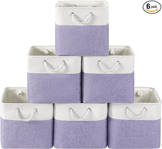 VQRTEXA 13 x 13 Inch Cube Storage Bins, 6 Pack Fabric Storage Basket with Handles, Foldable Boxes Organizer for Shelf Baskets for Home, Clothes (White/Purple)