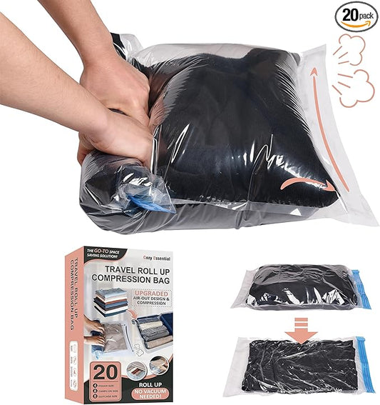 Compression Bags for Travel - Travel Essentials - 20 Pack Space Saver Bags - No Vacuum Needed - Compression Packing Bags for Cruise Accessories