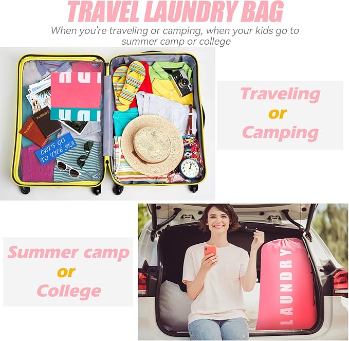 Isink Laundry Bag,2 Pack Travel Laundry Bags for Dirty Clothes,Large Laundry Bags for Camping & Traveling,Dirty Clothes Travel Bag,24" x 36" (Cyan + Pink)