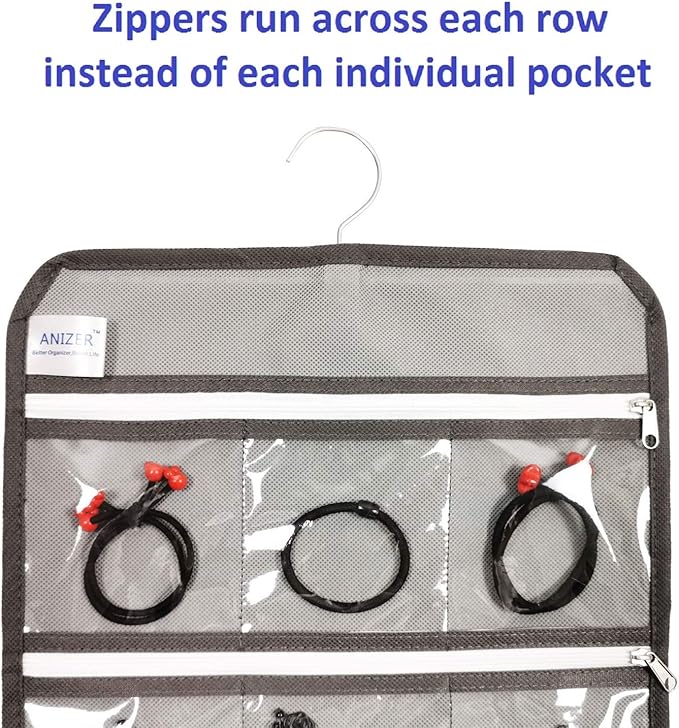 Travel Foldable Jewelry Rolls Bag Hanging Jewelry Organizer with 9 Zippered Clear Pockets Storage Pouch with Rotatable Hanger (GREY)
