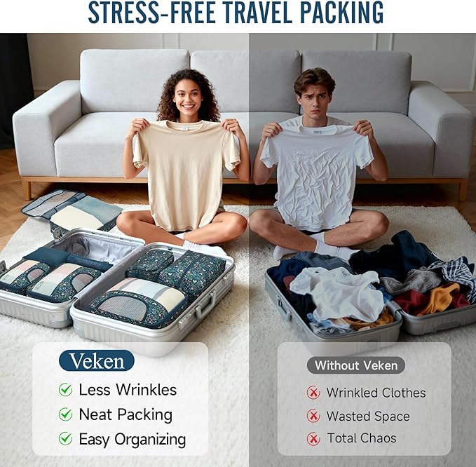 Veken 8 Set Packing Cubes for Travel Essentials, Suitcase Organizer Bags in 4 Sizes, Carry-On Luggage Accessories with Large Laundry & Hanging Toiletry Bag, Must-Have for Airplane, Road Trip & Camping