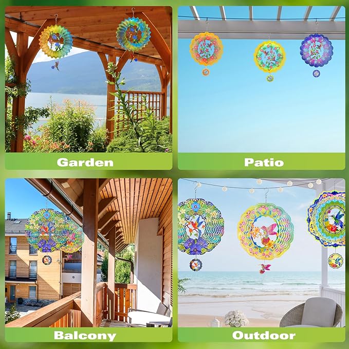 Wind Spinners - 12 Inches Hummingbird Wind Spinner, 3D Reflective Metal Wind Sculptures, Decor for Home, Outside, Garden, Yard Art, Hummingbird Gifts for Daughter, Mom, Grandma's Birthday, Yellow Cyan