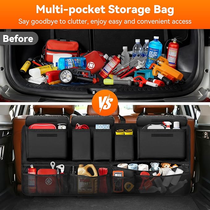 SUV Trunk Organizer, 35.5" x 18.2" Large Capacity Car Organizers and Storage, Backseat Hanging Storage Bag with 10 Pockets, Adjustable & Waterproof Car Interior Accessories for SUV Truck MPV