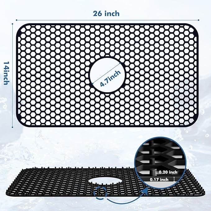 Silicone Sink Protectors for Kitchen Sink with Center Drain, 26"x 14" Kitchen Grid Accessory, Non-Slip Heat-Resistant Mat for Bottom of Farmhouse Porcelain Stainless Steel (Center Hole, Black)