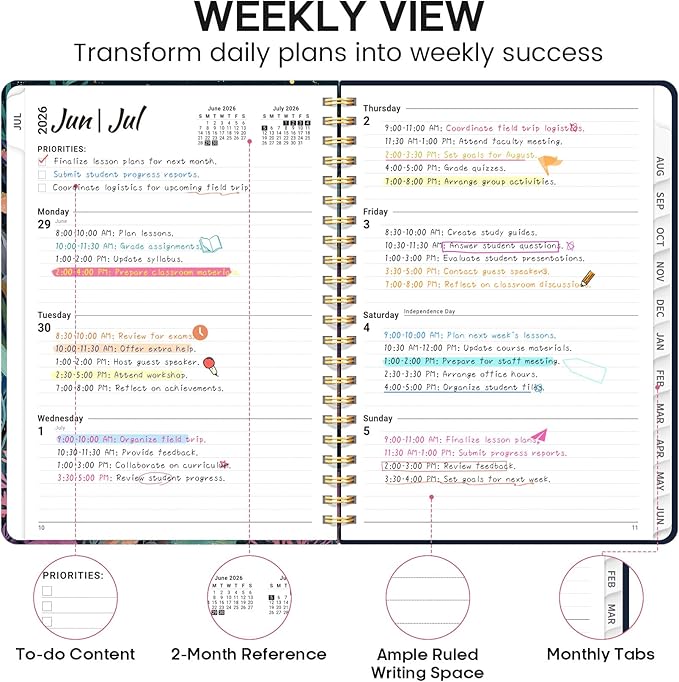 Academic Planner 2026-2027, Weekly and Monthly Calendar Book, July 2026 – June 2027, Hardcover Planner with Tabs, Perfect for Teachers, Students, Women & Men, A4 (8.5" x 11") - Jellyfish