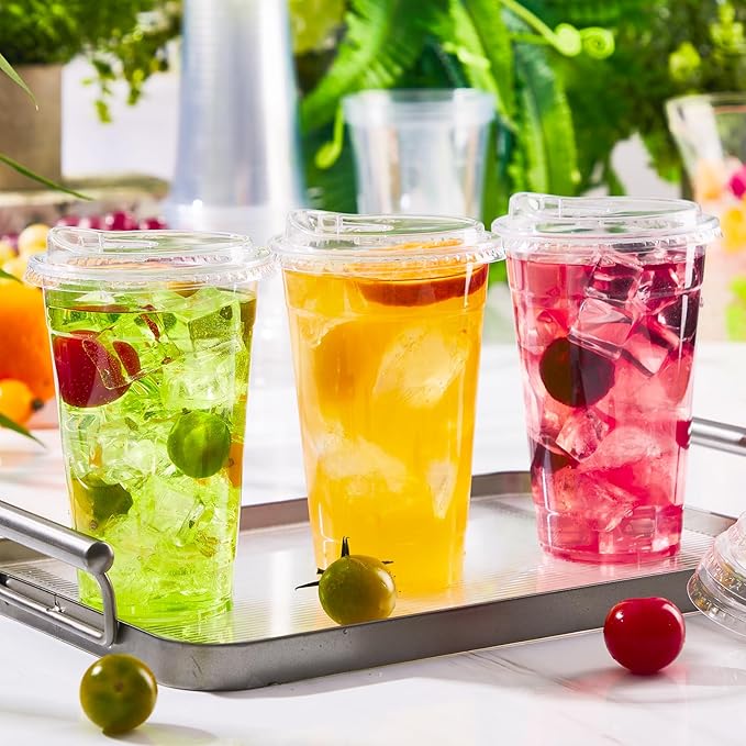 BYSNOW 100 Pack 20 oz Clear Plastic Cups with Lids, Disposable Iced Coffee Cups with Sip Lids, Sturdy Plastic Smoothie Cups for Cold Drinks
