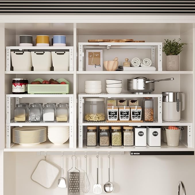 Zilvando Expandable Spice Rack & Kitchen Cabinet Organizer - Stackable, Adjustable Shelves for Cabinets, Countertops, Cupboards & Pantries(2 Packs/Large/White)