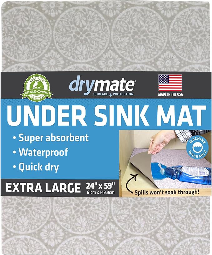 Drymate Premium XL Under Sink Mat, Waterproof Cabinet Protection Mats for Kitchen & Bathroom, Absorbent Shelf Liners, Slip-Resistant, Non-Adhesive, Machine Washable (USA Made)(24”x59”)(Tan)