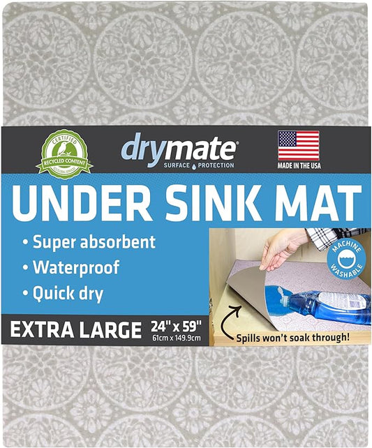 Drymate Premium XL Under Sink Mat, Waterproof Cabinet Protection Mats for Kitchen & Bathroom, Absorbent Shelf Liners, Slip-Resistant, Non-Adhesive, Machine Washable (USA Made)(24”x59”)(Tan)
