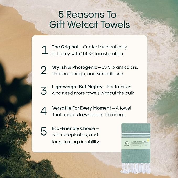 WETCAT Turkish Beach Towel Oversized (38"x71") 100% Turkish Cotton, Made in Turkey - Sand Free, Extra Large, Ultra Soft, Quick Drying, Compact & Lightweight for Travel - Aqua
