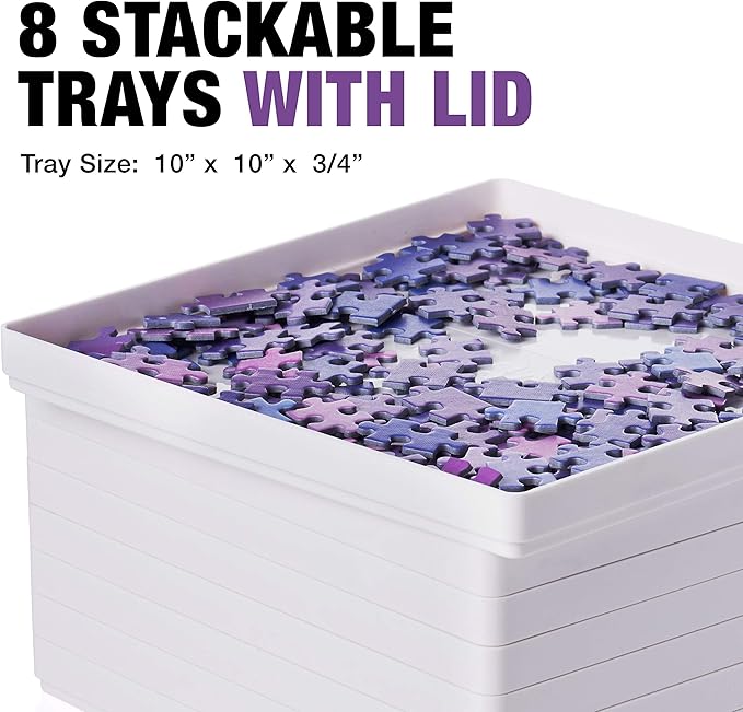 Tidyboss 8 Puzzle Sorting Trays with Lid 10" x 10" - Portable Jigsaw Puzzle Accessories White Background Makes Pieces Stand Out Sort Patterns, Shapes and Colors | for Puzzles Up to 1500-2000 Pieces