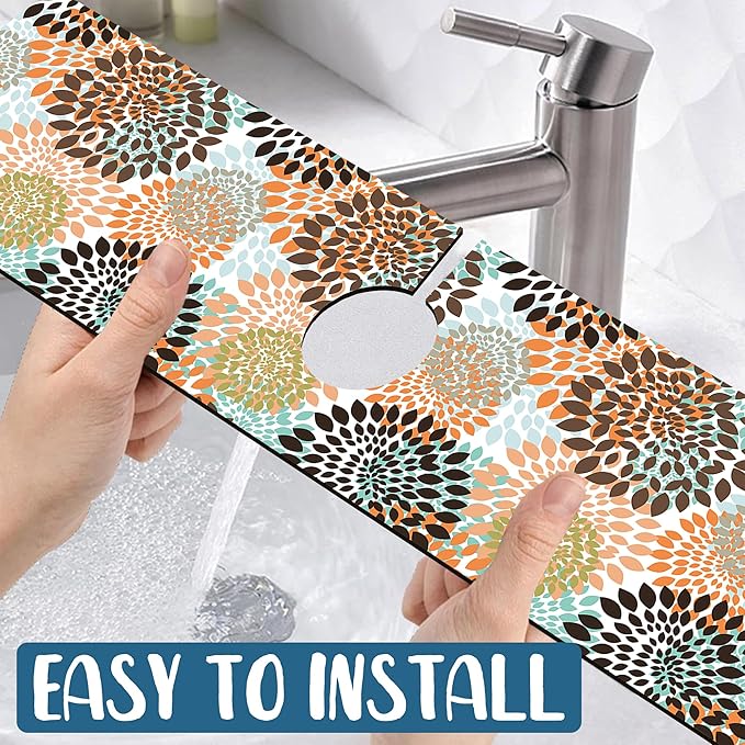 Vintage Flowers Sink Splash Guard Abstract Floral Faucet Absorbing Mat Fast Drying Mat Sink Gadgets Splash Guard Behind Faucet Drip Catcher for Kitchen Bathroom, 23.5"x5.5"