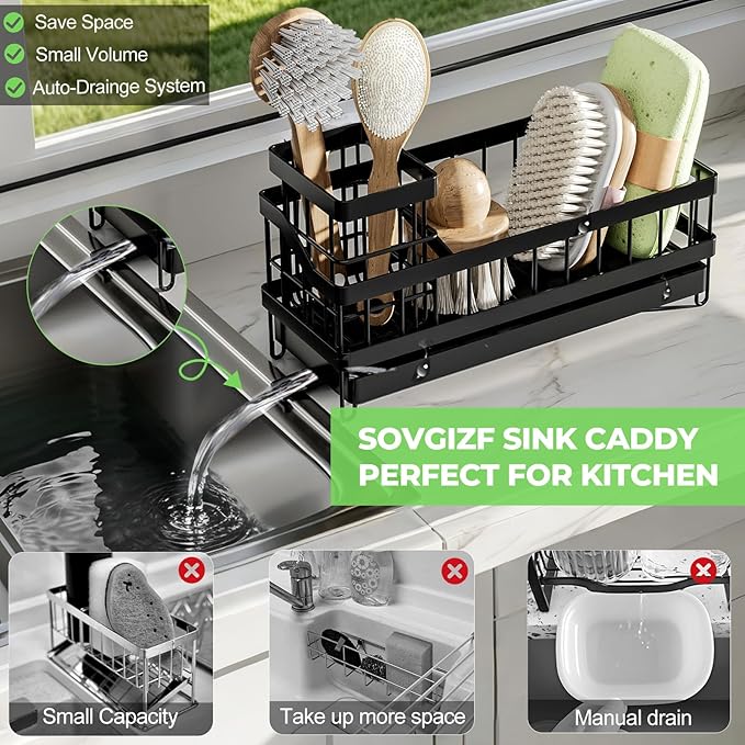 Sink Caddy kitchen Organzier with High Brush Holder, Wall-Mounted Sponge Holder for Sink, Countertop Organizer Soap Dispenser Storage, Rustproof 304 Stainless Steel Kitchen Essentials