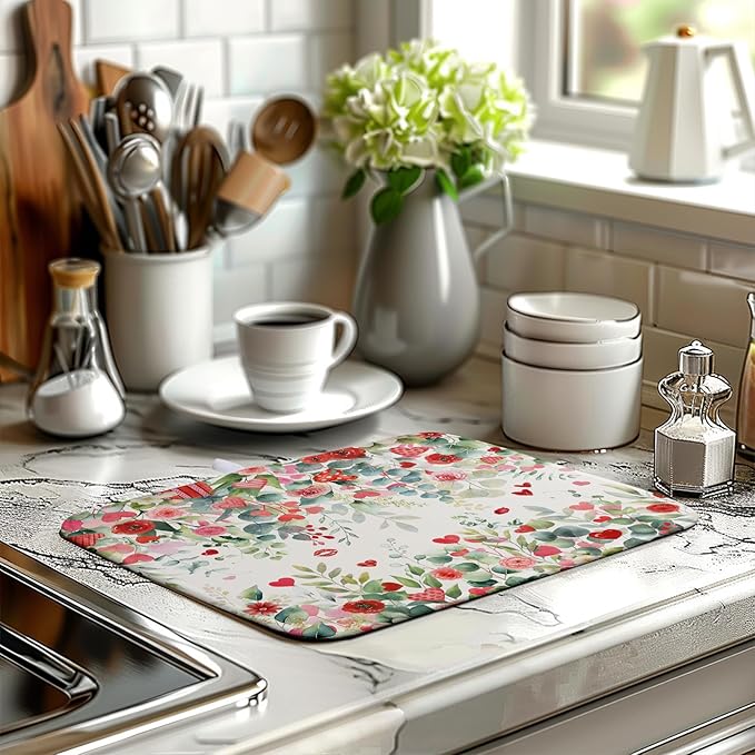Valentine Dish Drying Mat for Kitchen Counter 16x18 Inch Valentines Love Heart Rose Eucalyptus Leaf Dishes Drying Pad Microfiber Absorbent Dish Draining Washable Dish Drainer Mat