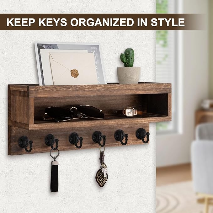 Key and Mail Holder Wall Mount, Key Hanger with Long Storage Box and 6 Hooks for Coat, Dog Leash, Home Decor Rack, House Accessories, Entry Way Organizer (Brown)