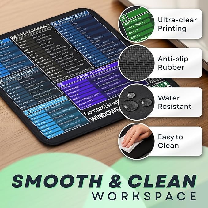 [Winos Compatible] Computer Shortcuts Mouse Pad for Windows - Wrist Rest Included. Portable Mousepad, Cheat Sheet Office, Gaming Commands, Functions DeskMat Waterproof & Non-Slip Desk Pad [12” x 10”]